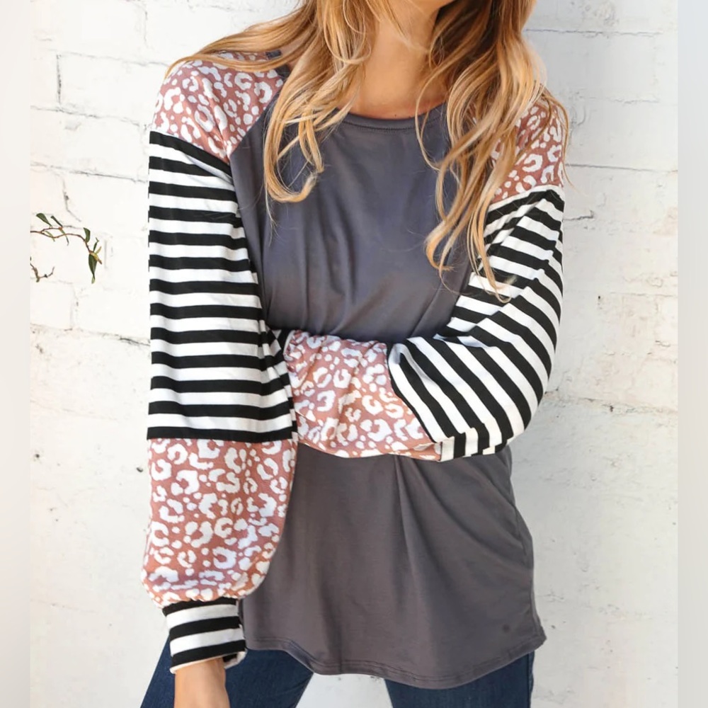 Leopard Stripe Color Block Banded Knit Top